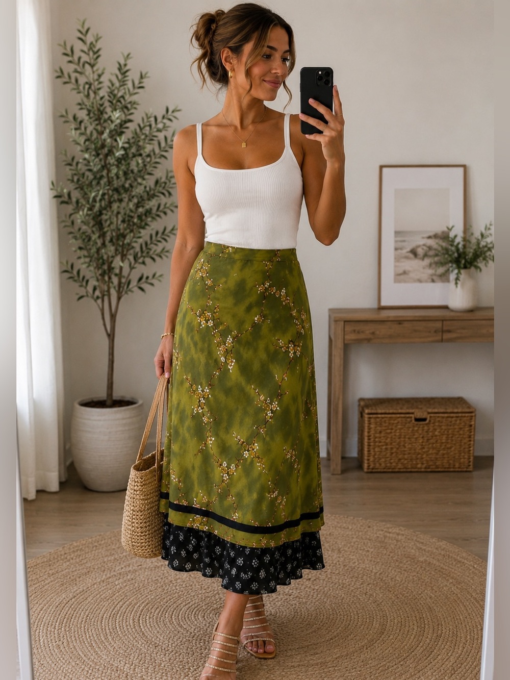 Vintage Floral Green and Black Reversible Women's Skirt